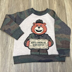 Camo green and white toddler hoody with a brown bear holding a sign with North American Bear Center in black.