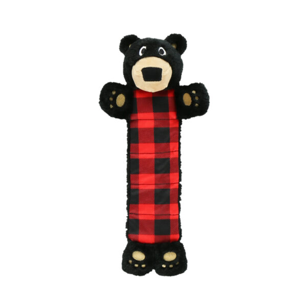 Black bear long plush toy with red and black plaid on the body.
