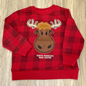 Red plaid moose toddler crew neck sweatshirt with a soft moose on the front. North American Bear Center is embroidered in white.