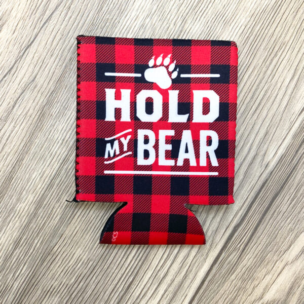 Red and black plaid koozie and the wording "hold my bear" written on the front.