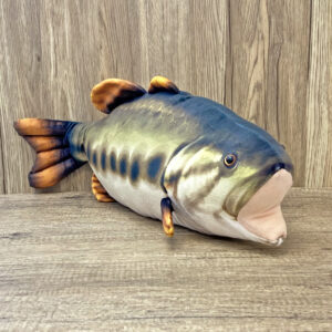 Plush largemouth bass fish with mouth open.