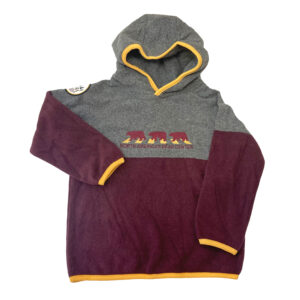 Maroon and gray toddler fleece hoody. Yellow accents around edges with a bear scene embroidered on front.