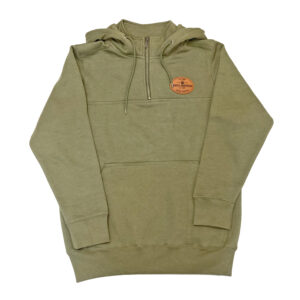 Olive green quarter zip double layered adult sweatshirt. Label in brown patch on left chest has namedrop North American Bear Center