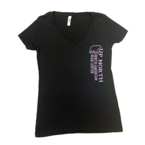 V-neck women's black shirt with purple North American Bear Center screen printed down left chest.